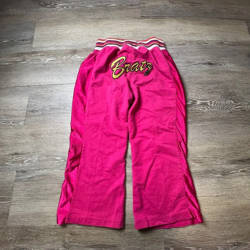 Bratz Track Pants Girls M 7/8 Pink Embroidered Logo Y2K Satin Stripe Joggers